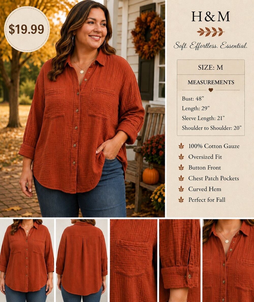 H&M Women’s Med Rust Cotton Gauze Button Down Shirt Oversized Boho Fall Shacket